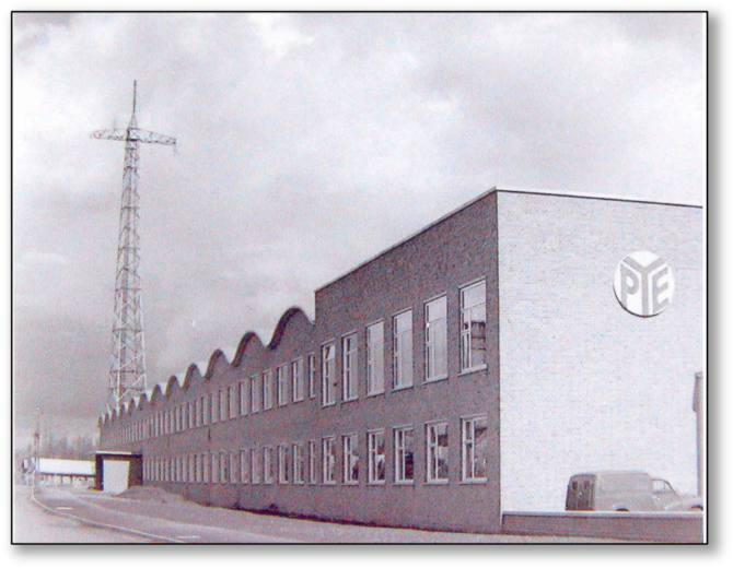 Pye Wavy Roof Building in St Andrews Road, Cambridge, including the original radio mast